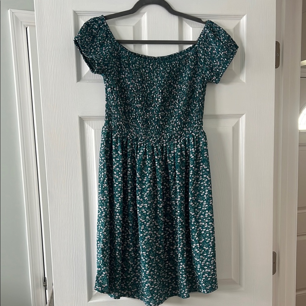 Green with white flowers , off the shoulder dress